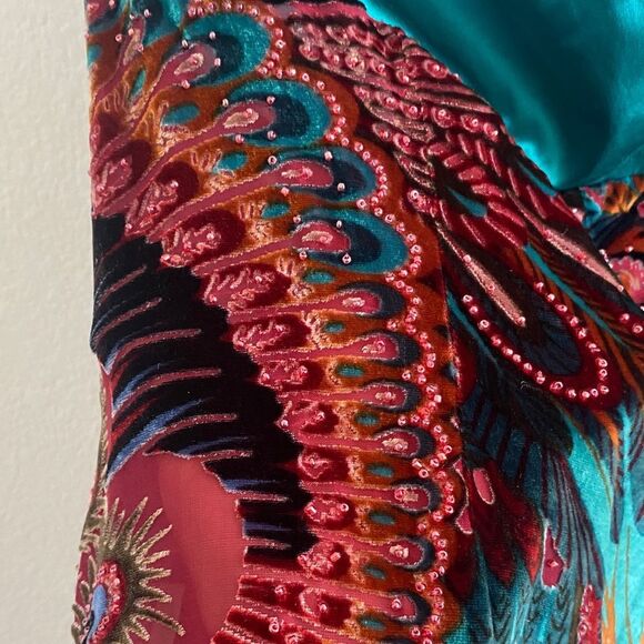 Y2K Caché Peacock Pattern Silk Beaded Halter Top - Picture 8 of 9